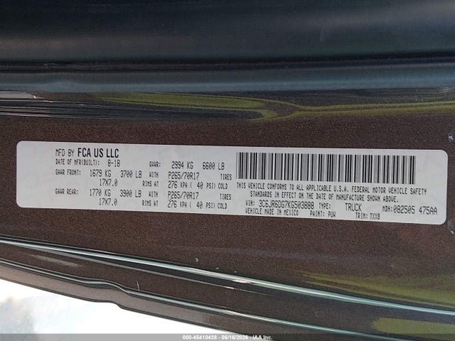 45410438 :رقم المزاد ، 3C6JR6DG7KG503888 vin ، 2019 Ram 1500 Classic Tradesman  4x2 8' Box مزاد بيع