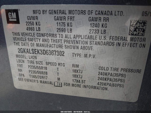 45410453 :رقم المزاد ، 2GKALSEK3D6367302 vin ، 2013 Gmc Terrain Sle-2 مزاد بيع