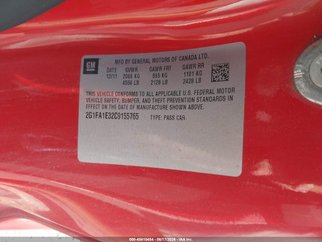 45410454 :رقم المزاد ، 2G1FA1E32C9155765 vin ، 2012 Chevrolet Camaro 2ls مزاد بيع