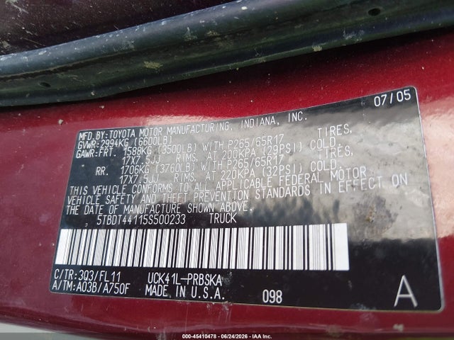 Продажа на аукционе авто 2005 Toyota Tundra Sr5 V8, vin: 5TBDT44115S500233, номер лота: 45410478