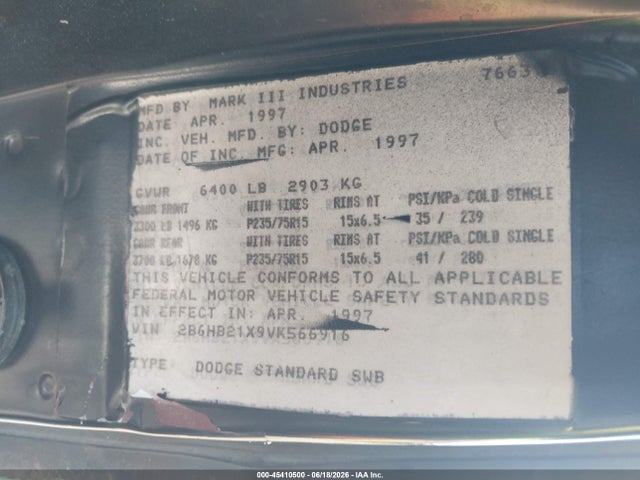 45410500 :رقم المزاد ، 2B6HB21X9VK566916 vin ، 1997 Dodge Ram Van 2500 Commercial مزاد بيع