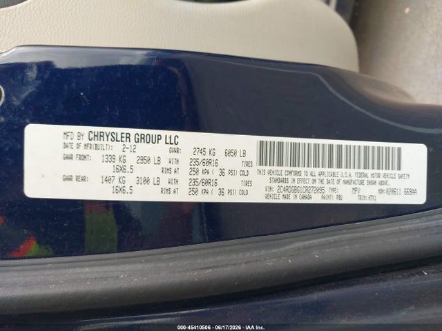 Auction sale of the 2012 Dodge Grand Caravan Se/avp, vin: 2C4RDGBG1CR272095, lot number: 45410506