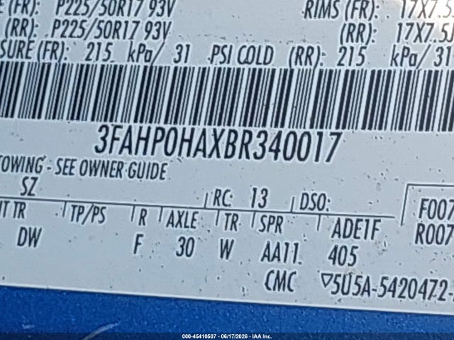 Aukcja sprzedaży 2011 Ford Fusion Se, vin: 3FAHP0HAXBR340017, numer aukcji: 45410507