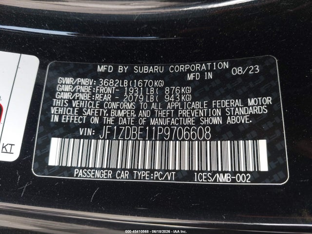 Aukcja sprzedaży 2023 Subaru Brz Limited, vin: JF1ZDBE11P9706608, numer aukcji: 45410568