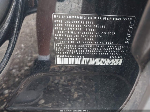 2020 Volkswagen Tiguan 2.0t S მანქანა იყიდება აუქციონზე, vin: 3VV0B7AX3LM045435, აუქციონის ნომერი: 45410626
