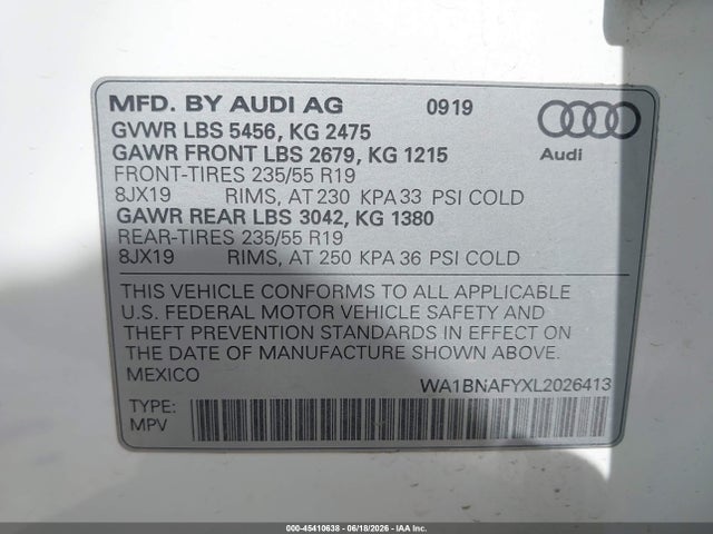 45410638 :رقم المزاد ، WA1BNAFYXL2026413 vin ، 2020 Audi Q5 Premium Plus 45 Tfsi Quattro S Tronic مزاد بيع
