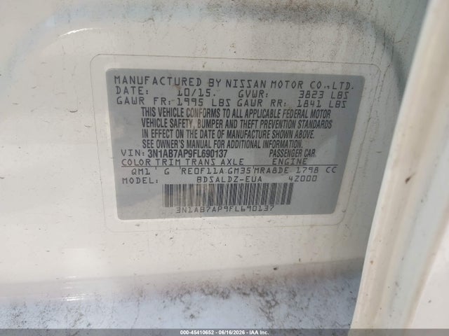 45410652 :رقم المزاد ، 3N1AB7AP9FL690137 vin ، 2015 Nissan Sentra Sv مزاد بيع