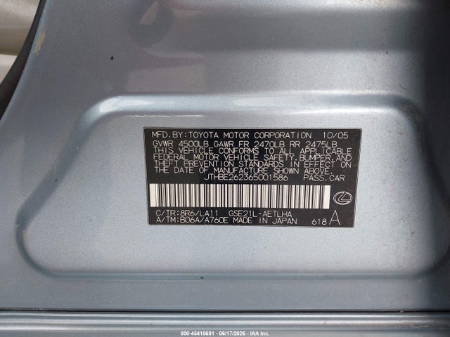 45410691 :رقم المزاد ، JTHBE262365001586 vin ، 2006 Lexus Is 350 مزاد بيع