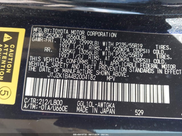 45410720 :رقم المزاد ، JTJZK1BA4B2004182 vin ، 2011 Lexus Rx 350 مزاد بيع