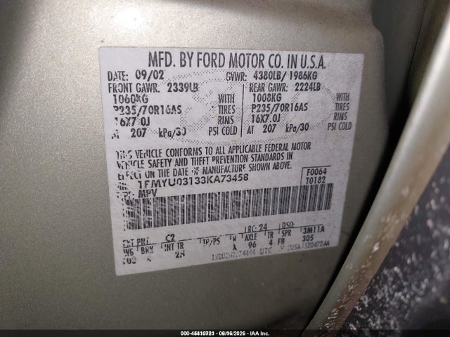 45410721 :رقم المزاد ، 1FMYU03133KA73458 vin ، 2003 Ford Escape Xlt مزاد بيع
