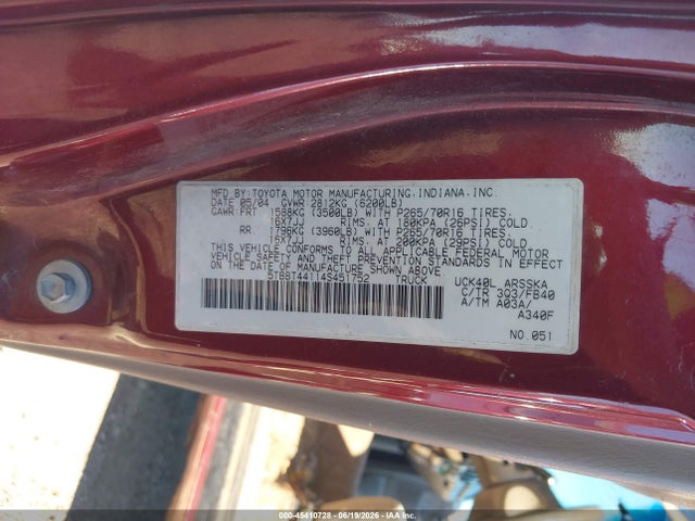 Auction sale of the 2004 Toyota Tundra Sr5 V8, vin: 5TBBT44114S451752, lot number: 45410728