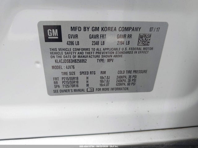 45410794 :رقم المزاد ، KL4CJDSB3HB256952 vin ، 2017 Buick Encore Premium مزاد بيع