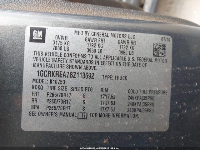 45410816 :رقم المزاد ، 1GCRKREA7BZ113692 vin ، 2011 Chevrolet Silverado 1500 Ls مزاد بيع