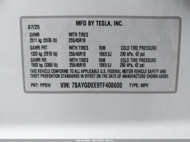 Aukcja sprzedaży 2026 Tesla Model Y All-wheel Drive/long Range Launch Series/premium All-wheel Drive, vin: 7SAYGDEE9TF408600, numer aukcji: 45410826