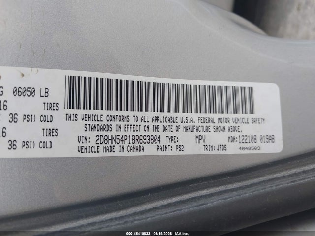 2008 Dodge Grand Caravan Sxt მანქანა იყიდება აუქციონზე, vin: 2D8HN54P18R693804, აუქციონის ნომერი: 45410833