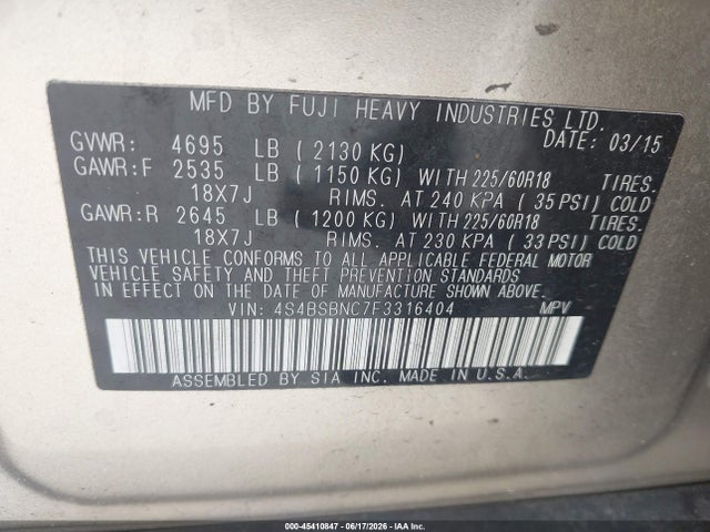 Продажа на аукционе авто 2015 Subaru Outback 2.5i Limited, vin: 4S4BSBNC7F3316404, номер лота: 45410847