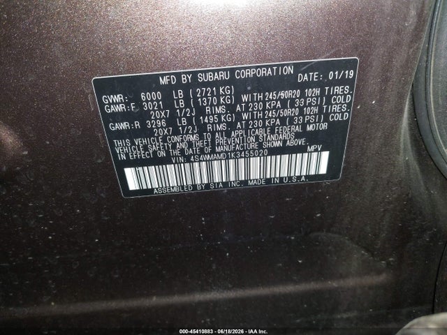 Aukcja sprzedaży 2019 Subaru Ascent Limited, vin: 4S4WMAMD1K3455020, numer aukcji: 45410883