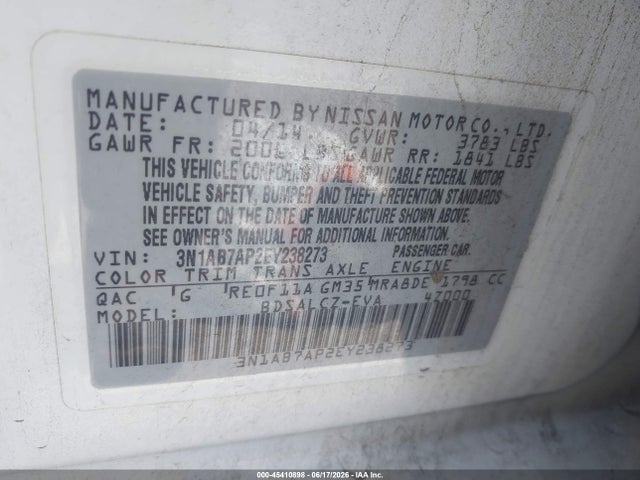 2014 Nissan Sentra S მანქანა იყიდება აუქციონზე, vin: 3N1AB7AP2EY238273, აუქციონის ნომერი: 45410898