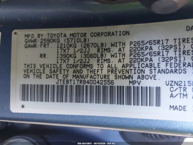 Aukcja sprzedaży 2004 Toyota 4runner Limited V8, vin: JTEBT17R840042556, numer aukcji: 45410901