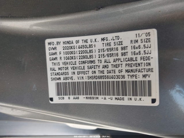 Auction sale of the 2006 Honda Cr-v Lx, vin: SHSRD68556U403036, lot number: 45410911