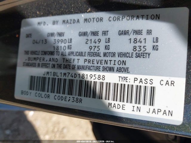 45410916 :رقم المزاد ، JM1BL1M74D1819588 vin ، 2013 Mazda Mazda3 I Grand Touring مزاد بيع