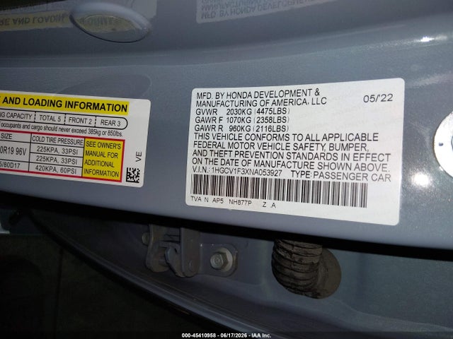 Aukcja sprzedaży 2022 Honda Accord Sport, vin: 1HGCV1F3XNA053927, numer aukcji: 45410958