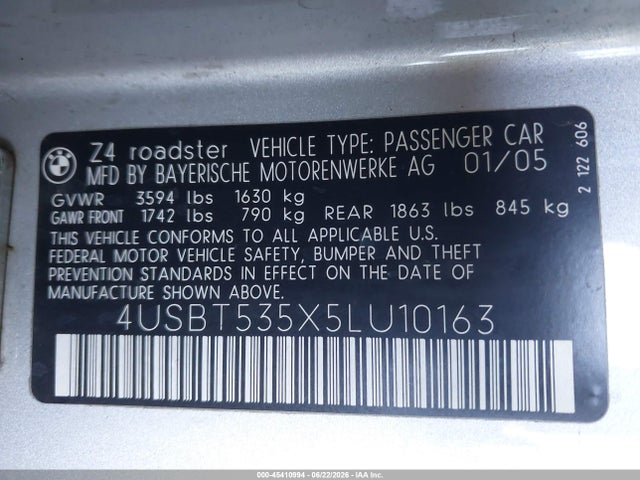 Продажа на аукционе авто 2005 Bmw Z4 3.0i, vin: 4USBT535X5LU10163, номер лота: 45410994