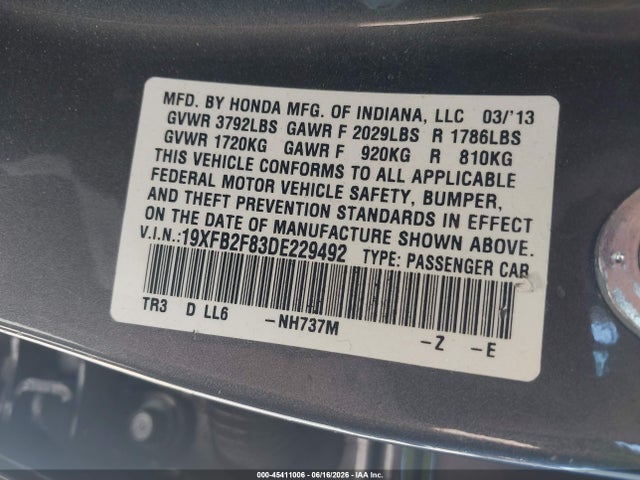 2013 Honda Civic Ex მანქანა იყიდება აუქციონზე, vin: 19XFB2F83DE229492, აუქციონის ნომერი: 45411006