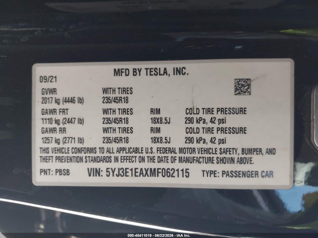 Tesla Model 3 Standard Range Plus Rear-wheel Drive 2021 5YJ3E1EAXMF062115 Image 9