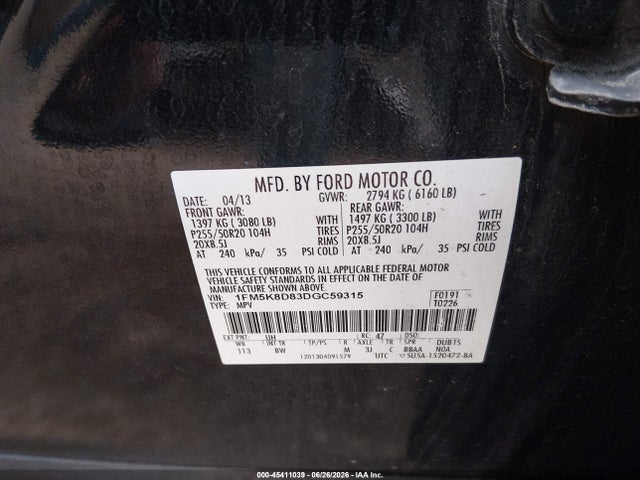 Продажа на аукционе авто 2013 Ford Explorer Xlt, vin: 1FM5K8D83DGC59315, номер лота: 45411039
