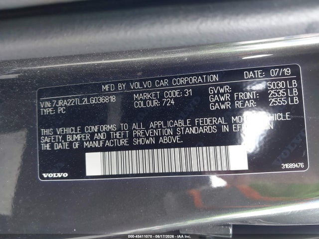 Продаж на аукціоні авто 2020 Volvo S60 T6 Inscription, vin: 7JRA22TL2LG036818, номер лоту: 45411070
