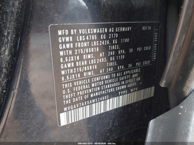 2010 Volkswagen Tiguan S მანქანა იყიდება აუქციონზე, vin: WVGAV7AXXAW524602, აუქციონის ნომერი: 45411079