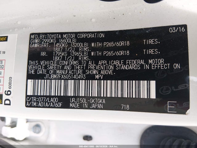 Продаж на аукціоні авто 2016 Lexus Gx 460, vin: JTJBM7FX6G5140493, номер лоту: 45411088