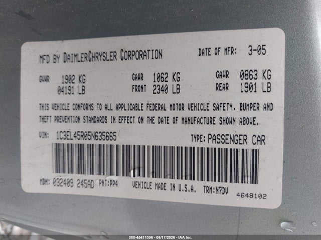 2005 Chrysler Sebring მანქანა იყიდება აუქციონზე, vin: 1C3EL45R05N635665, აუქციონის ნომერი: 45411096