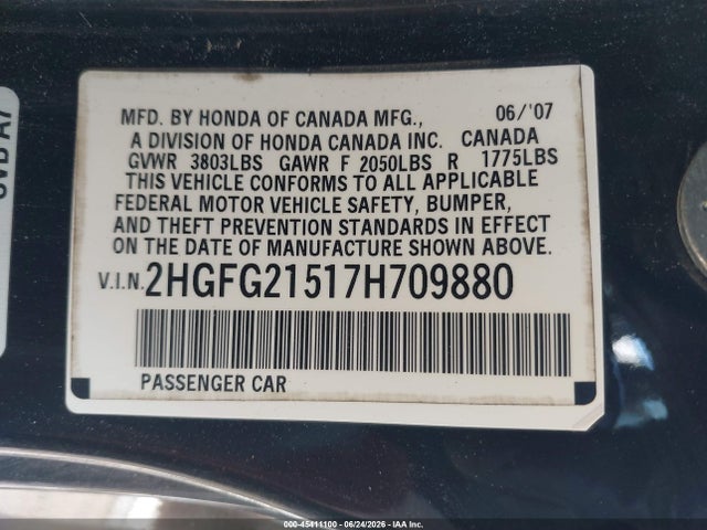 45411100 :رقم المزاد ، 2HGFG21517H709880 vin ، 2007 Honda Civic Si مزاد بيع