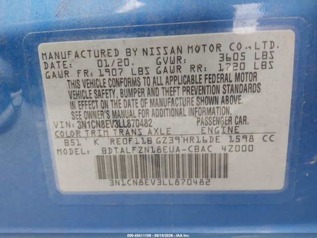 3N1CN8EV3LL870482 Nissan Versa Sv Xtronic Cvt