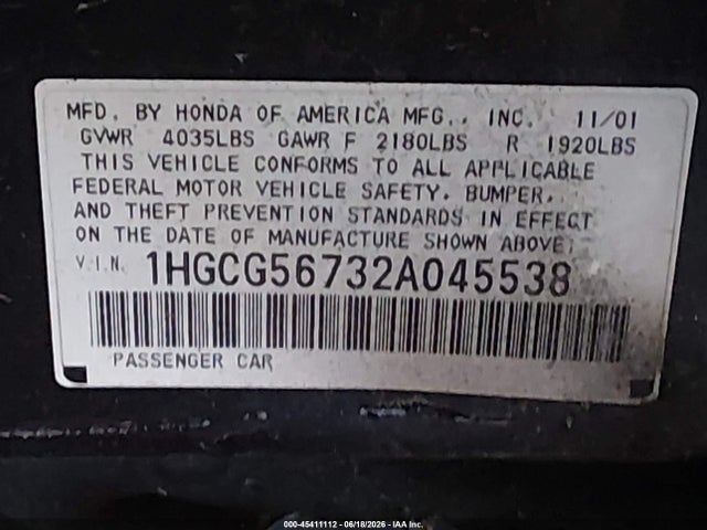 Продажа на аукционе авто 2002 Honda Accord 2.3 Se, vin: 1HGCG56732A045538, номер лота: 45411112