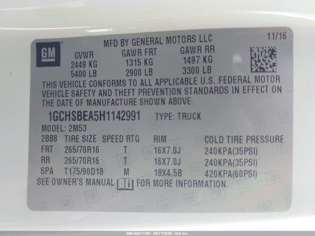 Chevrolet Colorado 2wd Wt 2017 1GCHSBEA5H1142991 Image 9