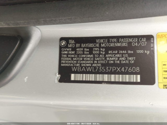 45411190 :رقم المزاد ، WBAWL73537PX47608 vin ، 2007 Bmw 335i مزاد بيع