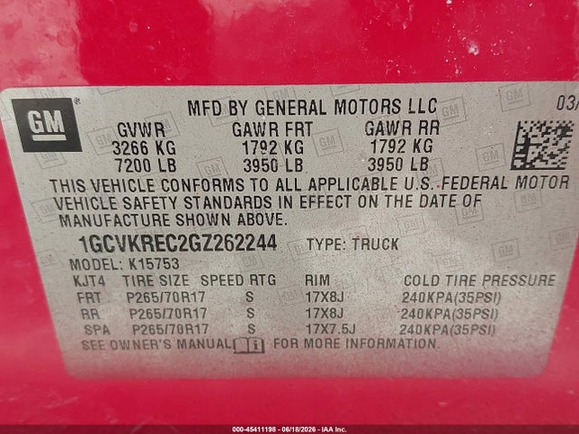 45411198 :رقم المزاد ، 1GCVKREC2GZ262244 vin ، 2016 Chevrolet Silverado 1500 Lt مزاد بيع