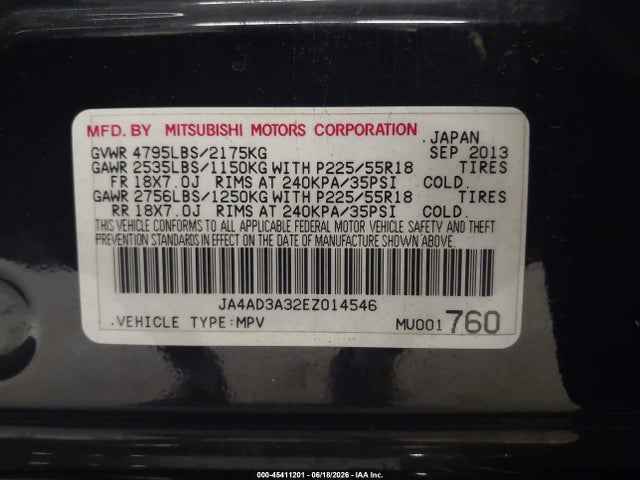 Auction sale of the 2014 Mitsubishi Outlander Se, vin: JA4AD3A32EZ014546, lot number: 45411201