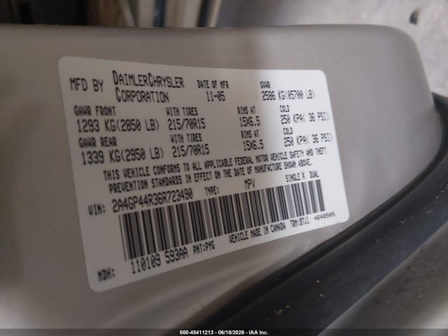 Продаж на аукціоні авто 2006 Chrysler Town & Country Lx, vin: 2A4GP44R36R723490, номер лоту: 45411213