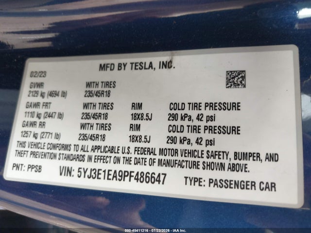 Aukcja sprzedaży 2023 Tesla Model 3 Rear-wheel Drive, vin: 5YJ3E1EA9PF486647, numer aukcji: 45411216