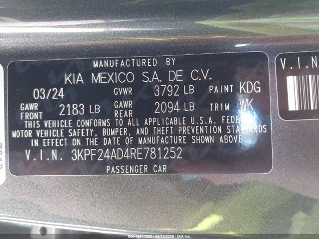 Продажа на аукционе авто 2024 Kia Forte Lxs, vin: 3KPF24AD4RE781252, номер лота: 45411222