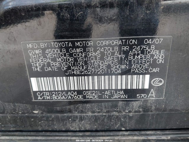 Продаж на аукціоні авто 2007 Lexus Is 350, vin: JTHBE262772011704, номер лоту: 45411245