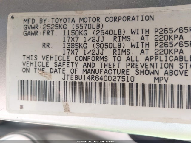 45411257 :رقم المزاد ، JTEBU14R640027510 vin ، 2004 Toyota 4runner Sr5 V6 مزاد بيع