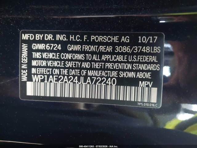 45411263 :رقم المزاد ، WP1AE2A24JLA72240 vin ، 2018 Porsche Cayenne E-hybrid S Platinum Edition مزاد بيع