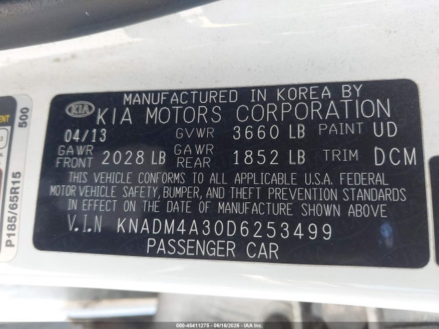 2013 Kia Rio Lx მანქანა იყიდება აუქციონზე, vin: KNADM4A30D6253499, აუქციონის ნომერი: 45411275