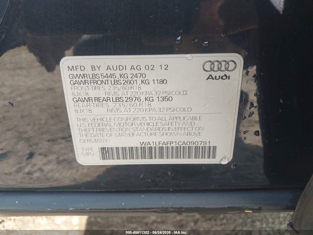 45411302 :رقم المزاد ، WA1LFAFP1CA090791 vin ، 2012 Audi Q5 2.0t Premium مزاد بيع