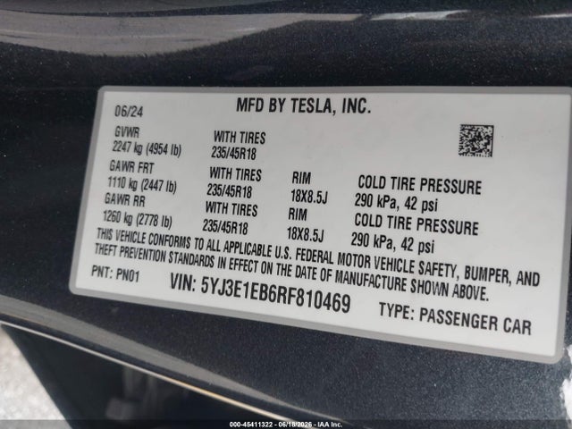 Продаж на аукціоні авто 2024 Tesla Model 3 Long Range Dual Motor All-wheel Drive, vin: 5YJ3E1EB6RF810469, номер лоту: 45411322